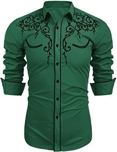 COOFANDY Mens Shirt Western Cowboy Costume Retro Mexican Mariachi Dress, Dark Green, Medium, Short Sleeve