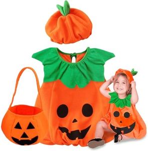 VOPIWOZ Costume Halloween Bambino Zucca con Sacchetto Caramelle e Cappello costumi halloween bambina per Bambini Dai 3 ai 10 Anni (M)