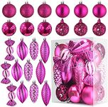 Prextex Fuschia 24-Piece Shatterproof Christmas Ball Ornaments The Perfect Glitter Balls, Christmas Tree Baubles Christmas Decorations, Exquisite Xmas Combo of 8 Christmas Balls and Shape Styles