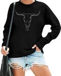 VILOVE Boho Cow Skull Sweatshirt Women Country Cowgirl Shirt Western Rodeo Outfits Nashville Graphic Pullover Tops Black