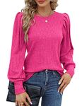 Hotouch Puff Long Sleeve Shirts for Women Lightweight O-Neck Tunic Blouses Soft Office Sweater Outfits Rose Red S