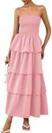 PRETTYGARDEN Women's Maxi Dress 2025 Summer Off Shoulder Smocked Tiered Ruffle Long Flowy Dresses Casual Beach Sundress (Pink,Small)