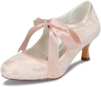JIAJIA 140311 Women's Bridal Shoes Closed Toe Stiletto Heel Lace Satin Pumps Ribbon Tie Wedding Shoes Color Champagne,Size 9 B(M) US/40 EU