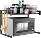 i BKGOO Expandable Metal Black Microwave Oven Rack Shelf Kitchen Supplies Tableware Storage Carbon Stainless Steel Counter Rice Cooker Stand Contains 2 Tiers with 3 Hook