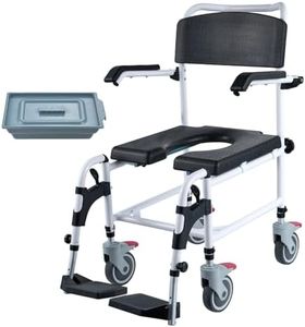 VEVOR Shower Commode Wheelchair with 4 Lockable Wheels, Footrests, Flip-up Arms, 3-Level Adjustable Height, 5L Removable Bucket, 350 LBS Capacity, Commode Chair for Adults Seniors