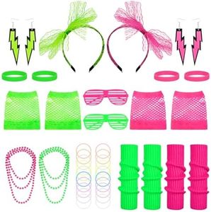 Provone 32Pcs 80s Costume Accessories Set for Women 80s Fancy Dress Accessories Neon Lace Bow Headband Leg Warmers Fishnet