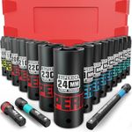 KIRXST 1/2 Inch Drive Impact Socket Set, 18 Piece Deep Sockets 10-24 mm, Metric Socket Set with 3" 5" 10" Extension Bar for Automotive Trucks Tractors Engines Repairing DIY Mechanic Tool
