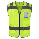 TCCFCCT Safety Vest 5 Pockets High Visibility Reflective Vest for Men Women, Durable Construction Vest with Horizontal Strip for Walkie-talkie, Meets ANSI/ISEA Standards, Yellow, L