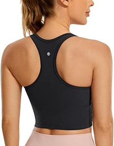 CRZ YOGA Butterluxe Womens Y-Back Racerback Longline Sports Bra - Padded Scoop Neck Workout Crop Tank Top with Built in Bra Black Medium