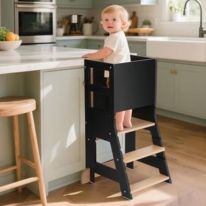 KIDINIX Tour d'apprentissage Montessori pour Enfants à partir de 1 an, avec Tableau, Hauteur réglable, Chaise d'apprentissage Montessori pour Cuisine et Salle de Bain, Anti-basculement, Noire
