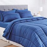 Amazon Basics 7-Piece Lightweight Microfiber Bed-In-A-Bag Comforter Bedding Set - Full/Queen, Royal Blue Calvin Stripe