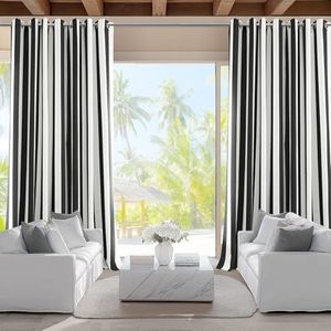 HPD Half Price Drapes Villanova Striped Grommet Outdoor Curtains for Patio (1 Panel)- UV & Water Resistant Light Filtering 200 GSM Polyester Outdoor Curtains - 50W x 84L, Nautical Black Stripe
