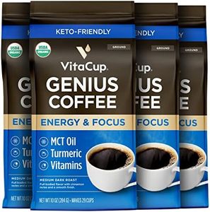 VitaCup Organic Genius Ground Keto Coffee, Increase Energy & Focus w/MCT Oil, Turmeric, B Vitamins, D3, USDA Organic Ground Coffee Medium Dark Roast, 100% Arabica Coffee Grounds, 4 bags, 10 oz each