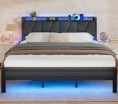 Furnulem King Bed Frame with Headboard and LED Light, Upholstered Platform with Power Outlet and USB Port, King Size Bed with Metal Support and Footboard,No Box Spring Needed, Noise Free