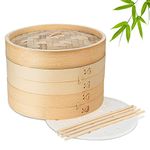 Flexzion Bamboo Steamer Basket Set (10 inch) with 50x Steamer Liners and 2 Pairs of Chopsticks, Chinese Steamer for Cooking Food