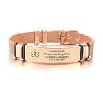 PJ JEWELLERY Customised Rose Gold Stainless Steel Watchband Medical Identification Emergency SOS Bracelet For Women's,Free Engraved Mesh Wire Belt Buckle Medical ID Bracelets,Adjustable