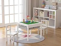 UTEX Wooden 2 in 1 Kids Construction Play Table and 2 Chairs Set with Storage Drawers, and Built in Plate Compatible with Lego and Duplo Bricks (White with Grey Drawers)