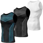 Odoland 3 Pack Men Compression Shirt, Gynecomastia Tummy Control Slimming Undershirt Tank Top Men, Body Shaper Strengthen Compression Vest Shapewear,Line Black/Line Blue/White, XXXL