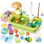 deAO Kitchen Play Sink with Running Water, Pretend Play Wash-up Kitchen Sets with Upgraded Water Faucet, Kids Role Play Dishwasher Toy with Kitchen Accessories for Chlidren (Green)