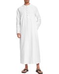 NANAMEEI Mens Thobe Hoode Muslim Clothes Ethnic Kaftan Robes Ayaba with Pockets,White,L