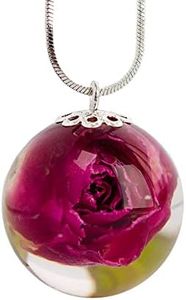 Resin Jewelry with Pink Rose. Resin Sphere Pendant. Rosebud Resin Ball. Real Rose Necklace.