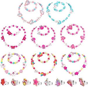 HIFOT 24 Pieces Princess Necklace Bracelet Rings Jewelry Set for Girl, Unicorn Fox Rainbow Butterfly Dolphin Crown Wooden Bead Jewelry Kit Kids Dress Up Party Favor Gifts