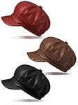 Funtery 3 Pcs Women Newsboy Hats PU Leather Visor Beret Cabbie Hat 8 Panel Vintage Women Fiddler Cap Faux Leather Baker Boy Hat (Khaki, Red, Black)