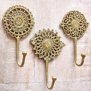 IndianShelf 3 Wall Hooks- Decorative Gold Boho Brass Shabby Chic- Key Hooks Holder- Coat Rack Mount- Gold Vintage for Hanging Coats Boho Gold (BTH-376-377-378)