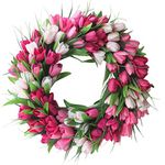 Fonzci 20 Inch Artificial Tulip Wreaths Door Wreath, Spring Decorative Wreath with Silk Flower & Green Leaves for Front Door Wall Window Porch Decorations