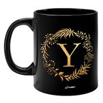 FirseBUY Design Letters Personal Ceramic Cup Black (Y) - Alphabet Floral Coffee Cup/Letter Mug, Decorative Mug, Gift for Women, Men, Friends and Family 11 oz