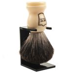 Parker 100% Black Badger Bristle Shaving Brush with White Handle–Extra Dense Badger Bristles Shave Brush Create a Superior Lather–Brush Stand Included