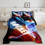 Ice Hockey Comforter Set Queen, Puck Hockey Player Bedding Sets for Kids Boys Girls Teens, Red Blue Lightening Duvet Insert, Winter Sports Game Down Comforter Bedroom Decor for All Season, 3 Pieces