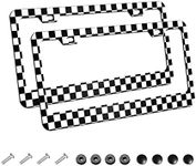 TianHeYue 2Pack Simple Style Black and White Racing and Checkered Pattern Car License Plate Frames, Aluminum Car Tags Frame with Screws Caps