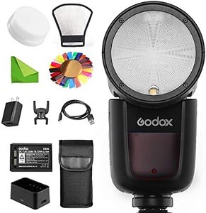 GODOX V1-N Flash for Nikon Flash Speedlite Speedlight, 76Ws 2.4G TTL Round Head, 1/8000 HSS, 480 Full Power Shots, 1.5s Recycle Time, 2600mAh Lithium Battery w/Diffuser Reflector Color Filters