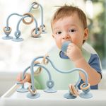 AiTuiTui Baby Teething Toys, Multi Purpose High Chair Suction Teether Toy for Toddler 3 Month+ Old, Sensory Toys with Wooden Ring Suitable for 0-6 Month Infant Gifts, Blue