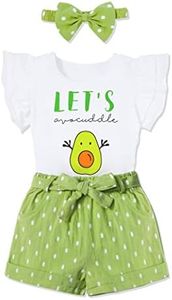 Baby Girl Clothes 18-24 Months Summer Outfits, Toddler Girl Clothes Sets with Avocado Ruffle Short Sleeve Top + Green Shorts Pants + Bow Hairband 3Pcs Set