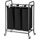 SortWise 3-Bag Large Laundry Sorter Cart, Heavy Duty Rolling Laundry Hamper with Wheels and Removable Laundry Bags and Lifting Handles, 20.08'' x 15.35'' x 33.23'', Black