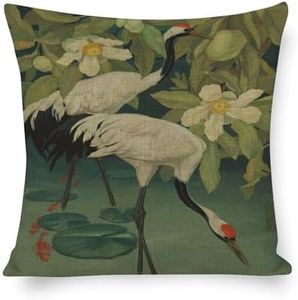 Linen Pillow Case Red-Crowned Cranes Andshort 18x18 Inch Double Sided with Zipper Soft Decor Cushion Case for Couch Sofa Bed Outdoor