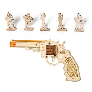 3D Wooden Puzzles Rubber Band Gun Model Craft Kit Unique Gift Mechanical Model Brain Teaser (Revolver Toy)