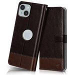 FLIPPED Vegan Leather Flip Case Back Cover for Apple iPhone 15 Plus (Flexible, Shock Proof | Hand Stitched Leather Finish | Card Pockets Wallet & Stand | Coffee with Brown)