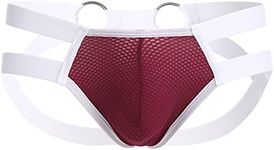 ABAFIP Mens Jockstrap Underwear Low Waist Mesh Breathable Athletic Supporter Jock Straps Spandex Hollow Hot Male Underpants, Wine Red, Small