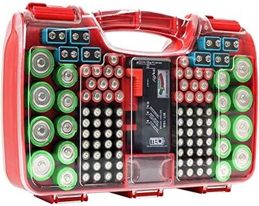 The Battery Organizer, Battery Organizer Storage Case with Tester, Stores & Protects Up to 180 Batteries, Hinge Clear Cover with Locking Lid, Garage Gadget Organization Holds AA AAA C D and More, Red