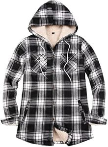ZENTHACE Womens Sherpa Fleece Lined Plaid Flannel Jacket Hooded Flannel Plaid Shirt Jacket Women Flannel Hoodie Black and White M