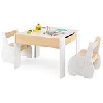 COSTWAY Kids Table and Chair Set, Wooden Children Study Desk with 2 Chairs, Reversible Blackboard Tabletop & Hidden Storage, 3PCS Toddler Activity Furniture for Learning, Drawing, Dining (White)