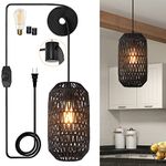 Ruzectt Plug in Pendant Light Rattan Hanging Light with Plug in Cord with Dimmable 15 ft Cotton Cord Wicker Boho Hanging Lamp for Kitchen Island Living Room Bedroom(Bulb Included) Black-A