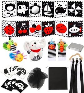 Perbabe Giochi Neonato, 31 PCS Libro Sensoriale Bianco e Nero Neonati 0-12 Mesi Giochi Montessori con Nero Rosso Libri Neonati, Sonaglio Neonato, Tummy Time Neonato per Il Regalo del Bambino