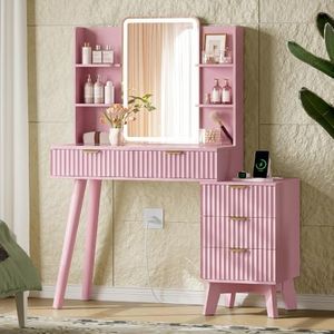 Xixini Fluted Vanity Desk with LED Lights Mirror & Charging Station, Pink