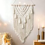 Dremisland Macrame Woven Wall Hanging Boho Geometric Woven Tapestry Beige & Grey Cotton Handmade Bohemian Art Decor with Tassel Craft Ornament for Bedroom Living Room Apartment Nursery (Beige-)