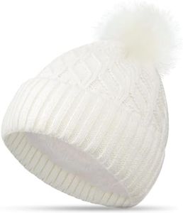 FORVEVO Bobble Hat Women White Winter Beanie Hats Knitted Hat Ladies Warm with Fleece Lined & Detachable Pom Pom Cap