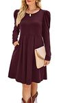 Aokosor Womens Tunic Dress Pleated Ladies Gigot Long Sleeve Casual Dress with Pockets Purple Size 14-16